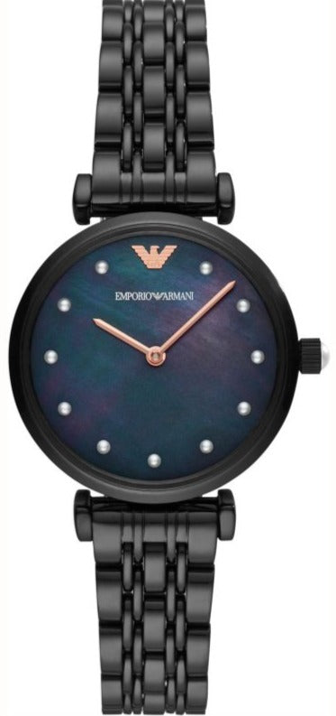 Buy Shop Emporio Armani Gianni T-Bar Quartz Black Mother of Pearl Dial Black Steel Strap Watch For Women - AR11268 USA Online