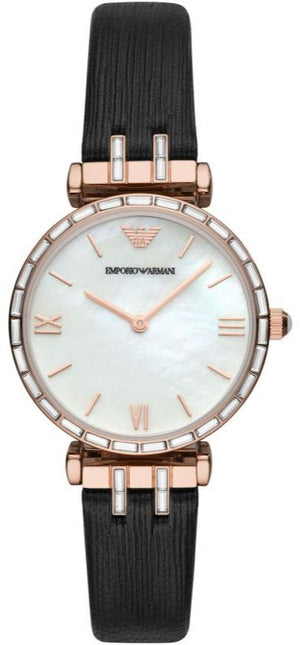 Buy Shop Emporio Armani Gianni T-Bar Mother of Pearl Dial Black Leather Strap Watch For Women - AR11295 USA Online