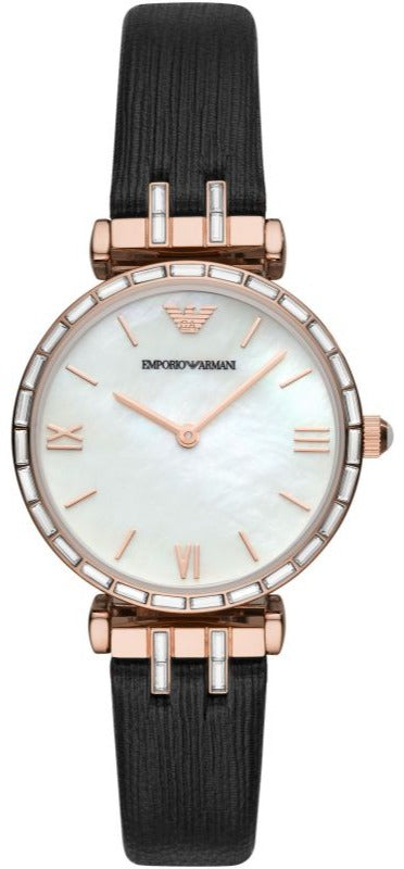 Buy Shop Emporio Armani Gianni T-Bar Mother of Pearl Dial Black Leather Strap Watch For Women - AR11295 USA Online
