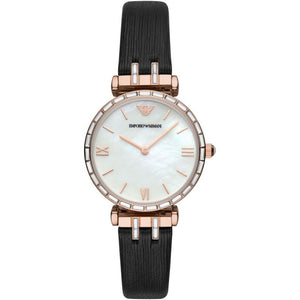 Buy Shop Emporio Armani Gianni T-Bar Mother of Pearl Dial Black Leather Strap Watch For Women - AR11295 USA Online