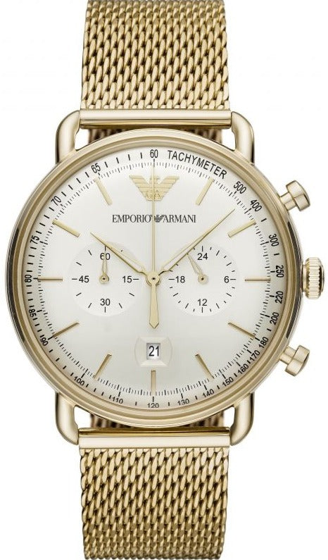 Buy Shop Emporio Armani Aviator Chronograph Quartz Beige Dial Gold Mesh Bracelet Watch For Men - AR11315 USA Online