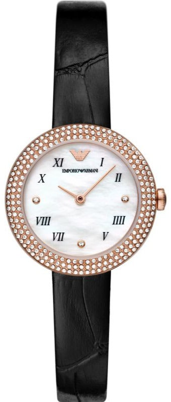 Buy Shop Emporio Armani Rosa Quartz Mother Of Pearl White Dial Black Leather Strap Watch For Women - AR11356 USA Online