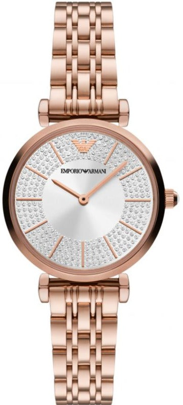 Buy Shop Emporio Armani Gianni T-Bar Crystals Silver Dial Rose Gold Steel Strap Watch For Women - AR11446 USA Online