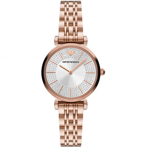 Buy Shop Emporio Armani Gianni T-Bar Crystals Silver Dial Rose Gold Steel Strap Watch For Women - AR11446 USA Online