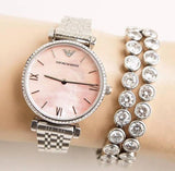 Buy Shop Emporio Armani Gianni T Bar Pink Mother of Pearl Dial Silver Steel Strap Watch For Women - AR1779 USA Online