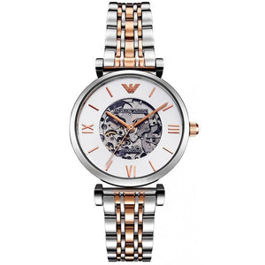 Buy Shop Emporio Armani Gianni T Bar Silver Skeleton Dial Two Tone Strap Watch For Women - AR1992 USA Online
