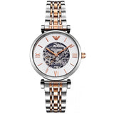 Buy Shop Emporio Armani Gianni T Bar Silver Skeleton Dial Two Tone Strap Watch For Women - AR1992 USA Online