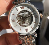 Buy Shop Emporio Armani Gianni T Bar Silver Skeleton Dial Two Tone Strap Watch For Women - AR1992 USA Online