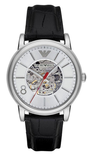 Buy Shop Emporio Armani Meccanico Silver Skeleton Dial Black Leather Watch For Men - AR1997 USA Online