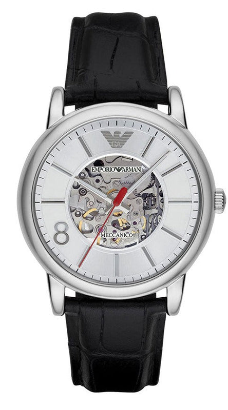 Buy Shop Emporio Armani Meccanico Silver Skeleton Dial Black Leather Watch For Men - AR1997 USA Online