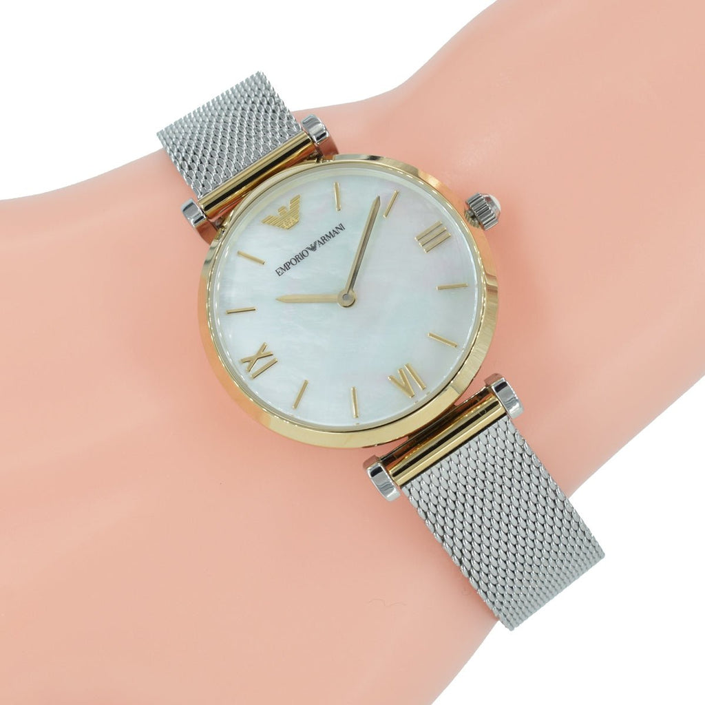 Buy Shop Emporio Armani Gianni T Bar Mother of Pearl Dial Silver Mesh Bracelet Watch For Women - AR2068 USA Online