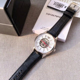 Buy Shop Emporio Armani Meccanico Silver Skeleton Dial Black Leather Strap Watch For Men - AR2072 USA Online