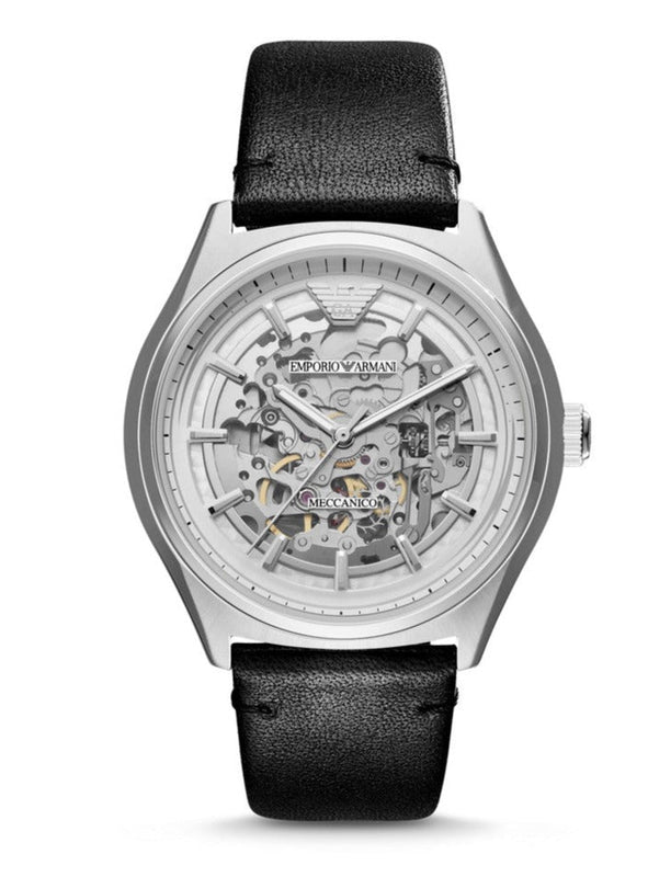 Buy Shop Emporio Armani Meccanico White Skeleton Dial Black Leather Strap Watch For Men - AR60003 USA Online