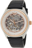 Emporio Armani Zeta Skeleton Automatic Silver Dial Black Leather Strap Watch For Men - AR60018