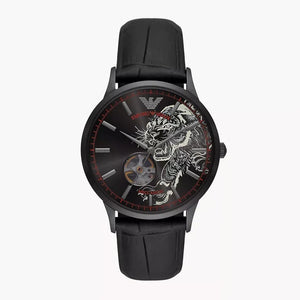 Buy Shop Emporio Armani Meccanico Skeleton Black Dial Black Leather Strap Watch For Men - AR60046 USA Online
