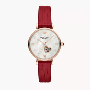 Buy Shop Emporio Armani Gianni T-Bar Mother of Pearl White Dial Red Leather Strap Watch For Women - AR60048 USA Online