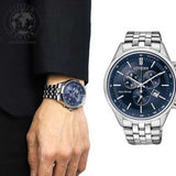 Citizen Eco Drive Chronograph Blue Dial Silver Steel Strap Watch For Men - AT2140-55L