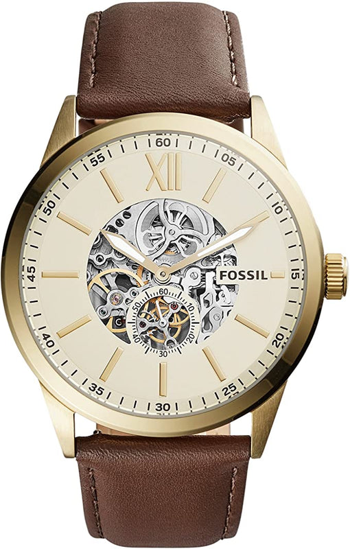 Buy Shop Fossil Flynn Mechanical Skeleton Beige Dial Brown Leather Strap Watch for Men - BQ2215 USA Online
