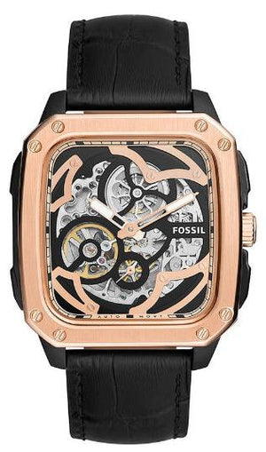 Buy Shop Fossil Inscription Automatic Skeleton Rose Gold Dial Black Leather Strap Watch for Men - BQ2572 USA Online