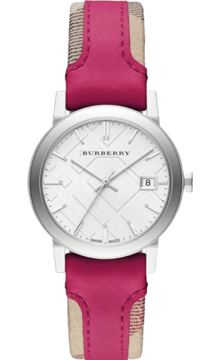 Buy Shop Burberry The City White Dial Haymarket Pink Leather Strap Watch for Women - BU9149 USA Online