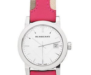Buy Shop Burberry The City White Dial Haymarket Pink Leather Strap Watch for Women - BU9149 USA Online