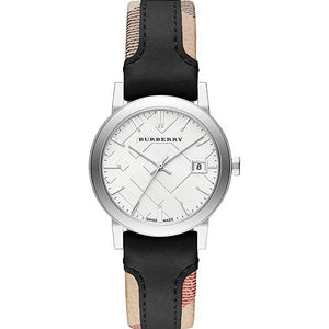 Buy Shop Burberry The City White Dial Black Haymarket Leather Strap Watch for Women - BU9150 USA Online