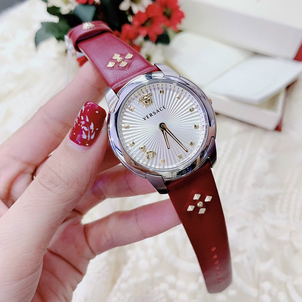 Buy Shop Versace Audrey Quartz Silver Dial Red Leather Strap Watch for Women - VELR00219 USA Online