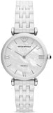 Buy Shop Emporio Armani Giannti T Bar Quartz Mother of Pearl Dial White Steel Strap Watch For Women - AR1485 USA Online