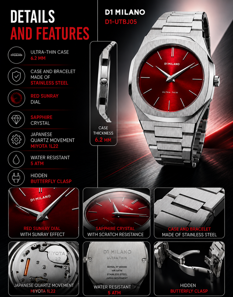 Buy Shop D1 Milano Ultra Thin Red Dial Silver Steel Strap Watch for Men - D1-UTBJ05 USA Online