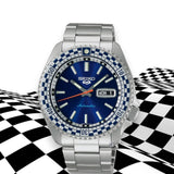 Seiko 5 Sports Petrol Blue Checker Flag Special Edition Blue Dial Silver Steel Strap Watch For Men - SRPK65K1