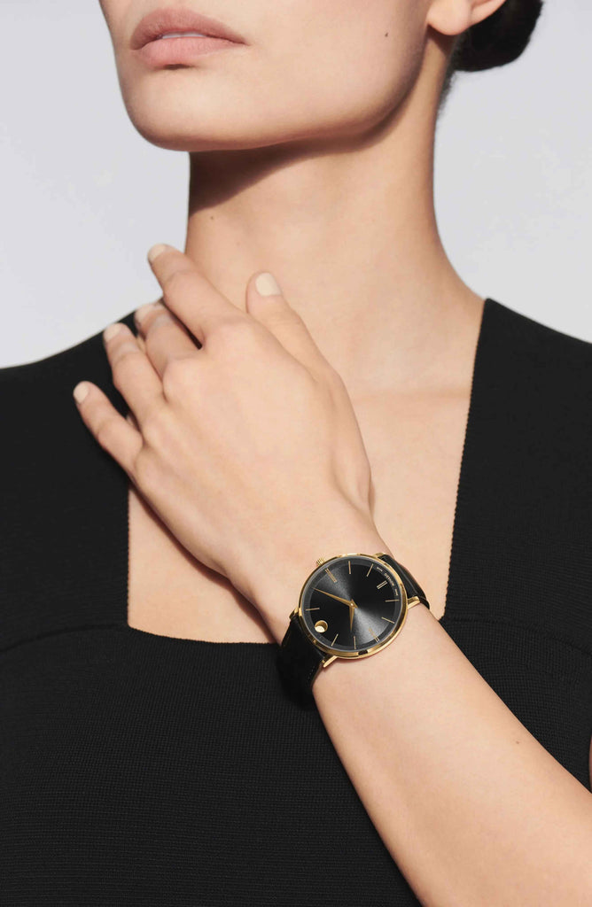 Buy Shop Movado Ultra Slim Black Dial Black Leather Strap Watch For Women - 0607095 USA Online