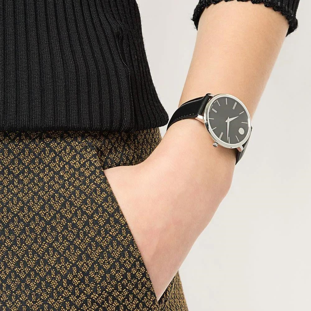 Buy Shop Movado Ultra Slim Black Dial Black Leather Strap Watch For Women - 0607090 USA Online