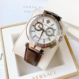 Versace Aion Chronograph White Dial Brown Leather Strap Watch for Men - VBR010017