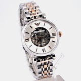 Buy Shop Emporio Armani Gianni T Bar Silver Skeleton Dial Two Tone Strap Watch For Women - AR1992 USA Online