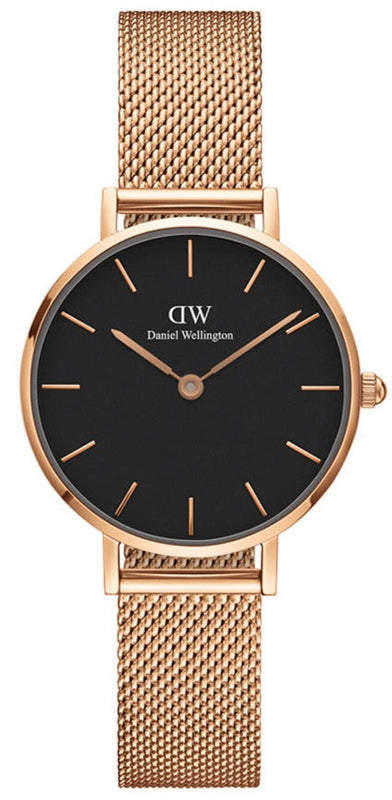 Buy Shop Daniel Wellington Classic Petite Melrose Black Dial Rose Gold Mesh Bracelet Watch For Women - DW00100217 USA Online