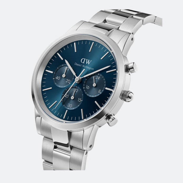Buy Shop Daniel Wellington Iconic Chronograph Link Blue Dial Silver Steel Strap Watch For Men - DW00100644 USA Online