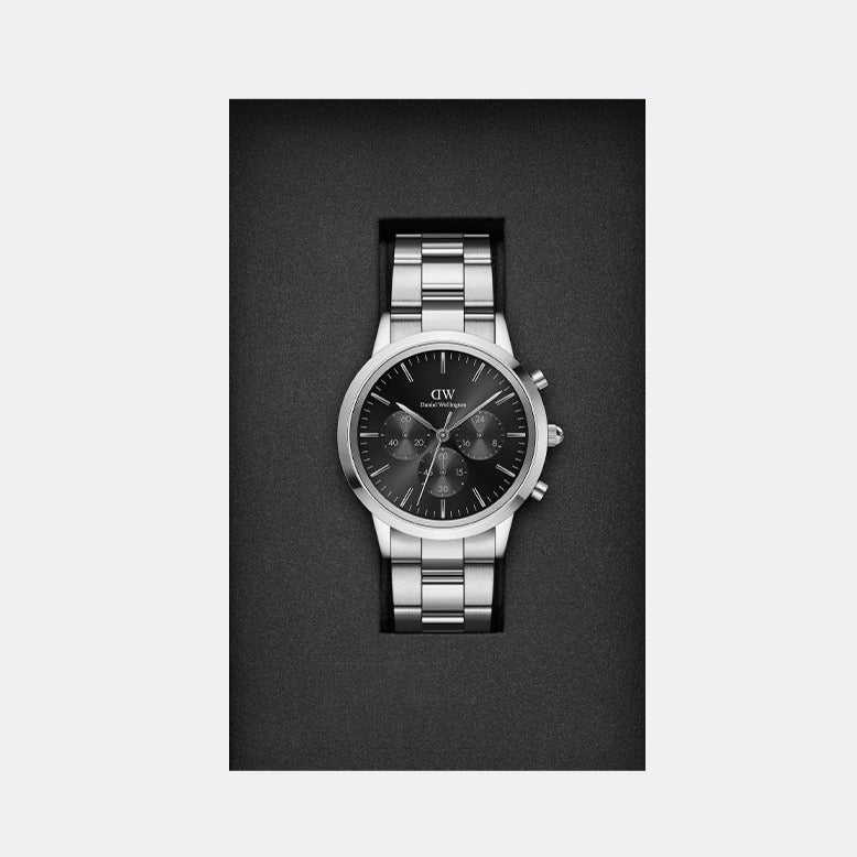 Buy Shop Daniel Wellington Iconic Chronograph Link Black Dial Silver Steel Strap Watch For Men - DW00100645 USA Online