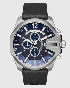Buy Shop Diesel Mega Chief Chronograph Blue Dial Black Leather Strap Watch For Men - DZ4423 USA Online