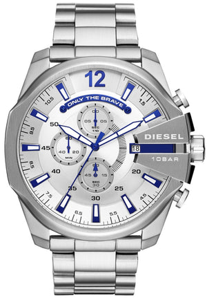 Diesel Mega Chief Chronograph Silver Dial Silver Steel Strap Watch For Men - DZ4477