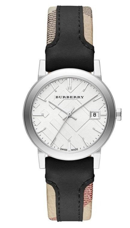 Buy Shop Burberry The City White Dial Black Haymarket Leather Strap Watch for Women - BU9150 USA Online