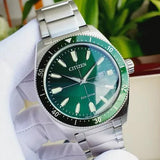 Citizen Eco Drive Vintage Green Dial Silver Steel Strap Watch For Men - AW1598-70X