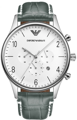 Buy Shop Emporio Armani Classic Chronograph Silver Dial Grey Leather Strap Watch For Men - AR1861 USA Online