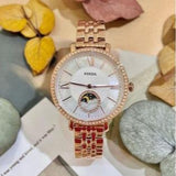 Buy Shop Fossil Jacqueline Analog Moonphase Mother of Pearl White Dial Rose Gold Steel Strap Watch for Women - ES5165 USA Online