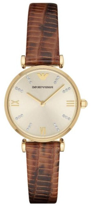 Buy Shop Emporio Armani Gianni T Bar Beige Dial Brown Leather Strap Watch For Women - AR1883 USA Online