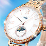 Buy Shop Fossil Jacqueline Analog Moonphase Mother of Pearl White Dial Rose Gold Steel Strap Watch for Women - ES5165 USA Online