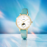 Buy Shop Fossil Jacqueline Analog Moonphase Mother of Pearl White Dial Green Leather Strap Watch for Women - ES5168 USA Online