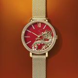 Buy Shop Fossil Jacqueline Dragonsteel Limited Edition Red Dial Gold Mesh Strap Watch for Women - ES5316 USA Online