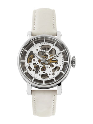 Buy Shop Fossil Boyfriend Automatic Skeleton Silver Dial White Leather Strap Watch for Women - ME3069 USA Online
