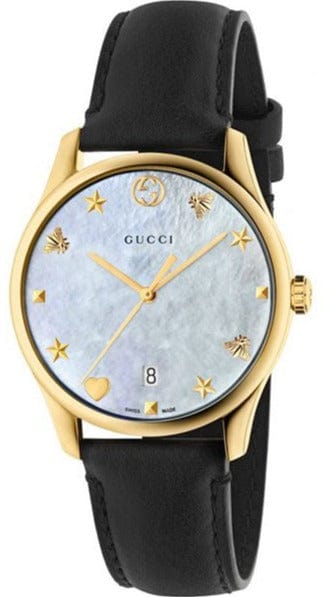 Buy Shop Gucci G-Timeless Mother of Pearl Dial Black Leather Strap Watch For Women - YA126589 USA Online