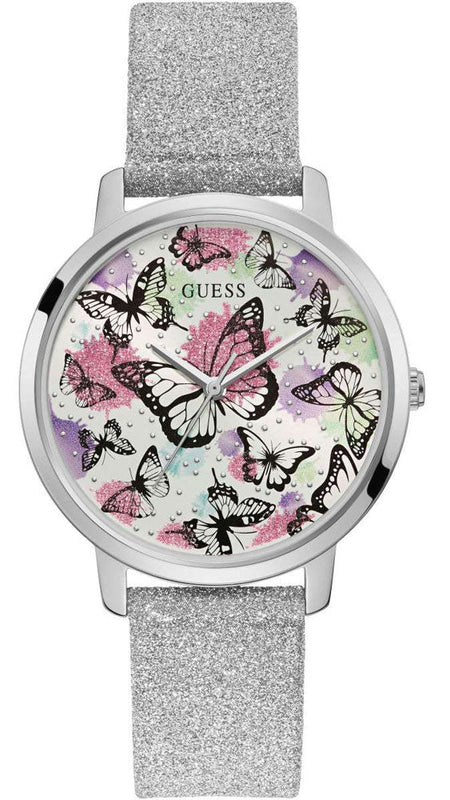 Buy Shop Guess Sparkle Butterfly White Dial Silver Leather Strap Watch For Women - GW0008L1 USA Online
